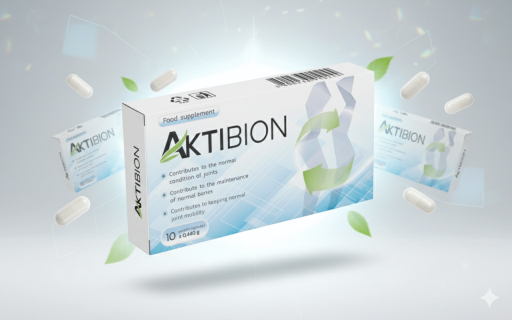 Cutia oficială Aktibion, supliment în capsule pentru sănătatea și mobilitatea articulațiilor, plutind cu elemente naturale.